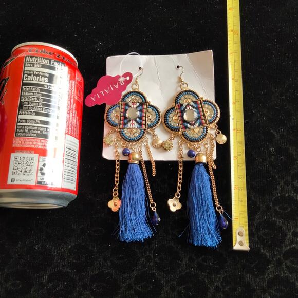 Iris Apfel & Bajalia Blue & Gold Embellished Tasseled HUGE Statement Earrings - Picture 7 of 11